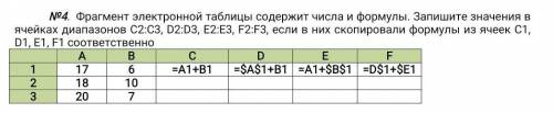 Фрагмент электронной таблицы содержит числа и формулы. Запишите значения в ячейках диапазонов C2:C3,