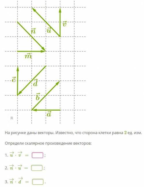 На рисунке даны векторы. Известно, что сторона клетки равна 2 ед. изм. Определи скалярное произведен