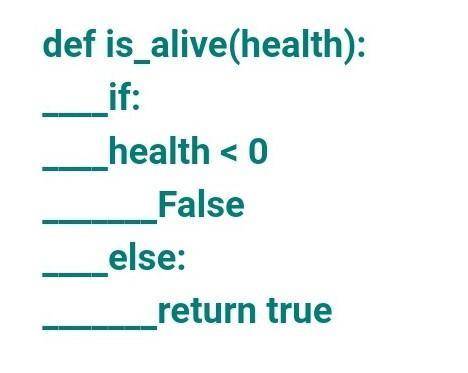 Задача 1 Николай написал функцию is_alive(health)которая проверяет здоровье персонажа в игре.Если он