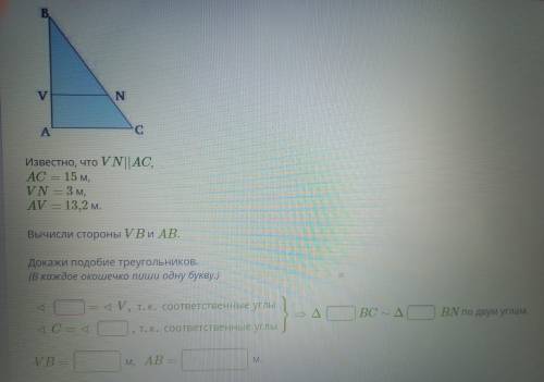 В. V N C A Известно, что VN | АС, AC – 15 м, VN — 3 м, AV — 13,2 м. Вычисли стороны VB и AB. Докажи