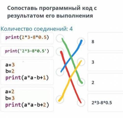 ЗАДАНИЕ №3 ВРЕМЯ НА ВЫПОЛНЕНИЕ: 18:14 ТЕКСТ ЗАДАНИЯ Сопоставь программный код с результатом его выпо