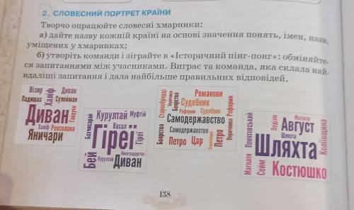 І. Творчо опрацюйте словесні хмаринки: а) дайте назву кожній країні на основі значення понять, імен,