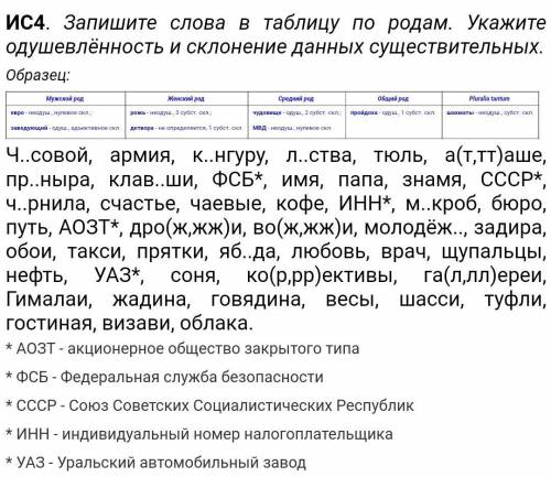 Запишите слова в таблицу по родам. Укажите одушевлённость и склонение данных существительных.