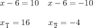 x - 6 = 10 \: \: \: \: \: x - 6 = - 10 \\ \\ x \frac{}{1} = 16 \: \: \: \: \: \: \: \: \: \: x \frac{}{2} = - 4 \: \: \: \: \: