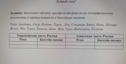 заполните таблицу , распределив реки по их географическому положению и принадлежности к бассейнам ок