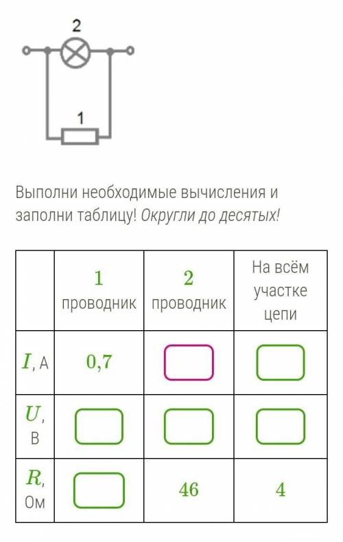 Рассмотри схему! Выполни необходимые вычисления и заполни таблицу! Округли до десятых! 1 проводник 2