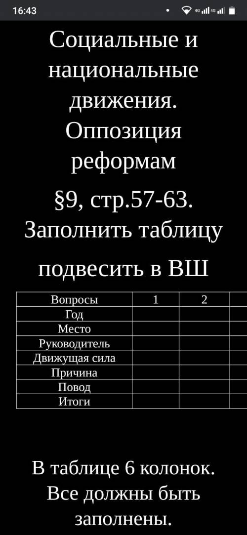 Социальные и национальные движения. Оппозиция реформам §9, стр.57-63. Заполнить таблицу подвесить в