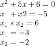 x^2+5x+6=0\\x_{1}+x{2}=-5\\x_{1}*x_{2}=6\\x_{1}=-3\\x_{2}=-2\\