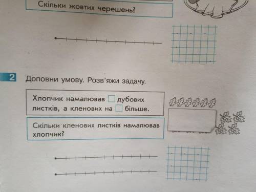 Доповни умову. Хлопчик намалював [] дубових листкiв, а кленових на [] бiльше Скiльки кленових листк