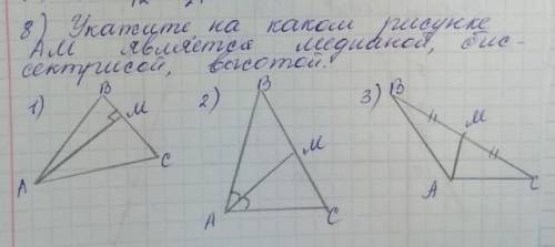 Укажите на каком рисунке AM является медианой, биссектрисой, и высотой