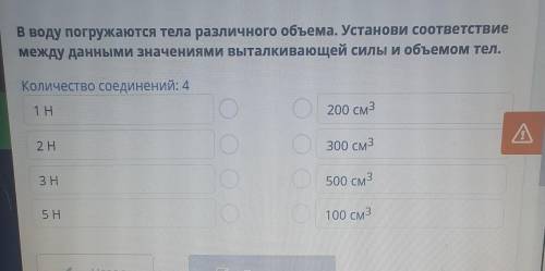 Выталкивающая сила В воду погружаются тела различного объема. Установи соответствие между данными зн