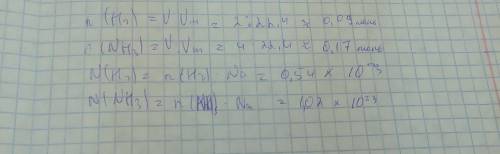 За нормальних умов взято водень об'ємом 2л, амоніак об'ємом 4л та повiтря об емом эл. Яка кількість