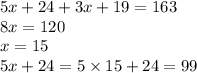 5x + 24 + 3x + 19 = 163 \\ 8x = 120 \\ x = 15 \\ 5x + 24 = 5 \times 15 + 24 = 99 \\ \\