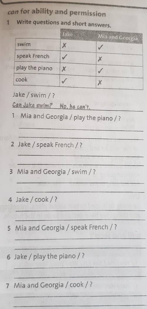 can for ability and permission 1 Write questions and short answers. Jake Mia and Georgia swim X ✓ sp