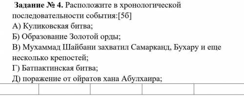 Задание № 4. Расположите в хронологической последовательности события:[5б] А) Куликовская битва; Б) 