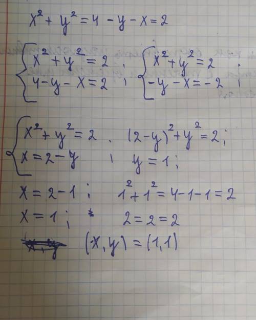 Укажіть пару чисел ,яка є розв'язком системи рівняння x²+y²=4 -y-x=2