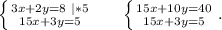 \left \{ {3x+2y=8\ |*5} \atop {15x+3y=5}} \right.\ \ \ \ \ \left \{ {{15x+10y=40} \atop {15x+3y=5}} \right..