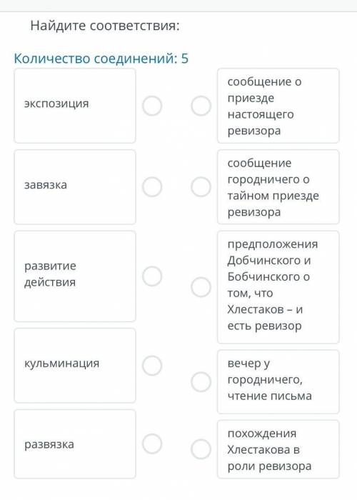 Найдите соответствия: Количество соединений: 5 экспозиция сообщение о приезде настоящего ревизора за