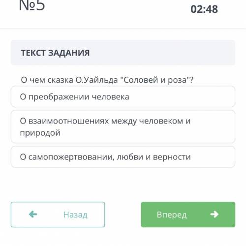 ЗАДАНИЕ №5 ВРЕМЯ НА ВЫПОЛНЕНИЕ: 03:14 ТЕКСТ ЗАДАНИЯ О чем сказка О.Уайльда Соловей и роза? О преоб