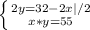 \left \{ {{2y=32-2x} | /2 \atop {x*y =55}} \right.