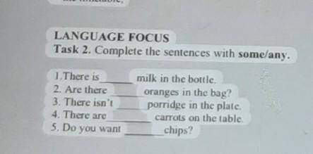 LANGUAGE FOCUS Task 2. Complete the sentences with some/any. 1. There is 2. Are there 3. There isn't