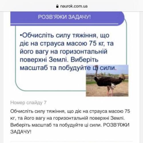 •Обчисліть силу тяжіння, що діє на страуса масою 75 кг, та його вагу на горизонтальній поверхні Земл