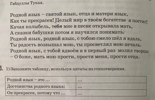 3. 1) Заполните таблицу, используя цитаты из стихотворения. родной язык-это:достоинства родного язык