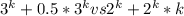 3^{k}+0.5*3^{k} vs 2^{k}+2^k*k