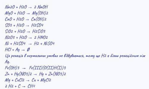 Na2O + H2O→ MgO+ H2O→ CaO + H2O→ SO3+H2O→ SiO2 + H2O→ N2O3+H2O→ N2O3+H2O→ Ni + H2SO4→ Ag + HCl→ Fe(O