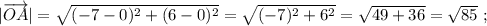 |\overrightarrow{OA}|=\sqrt{(-7-0)^{2}+(6-0)^{2}}=\sqrt{(-7)^{2}+6^{2}}=\sqrt{49+36}=\sqrt{85} \ ;