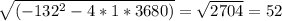 \sqrt{(-132^{2}-4*1*3680 )} =\sqrt{2704} =52