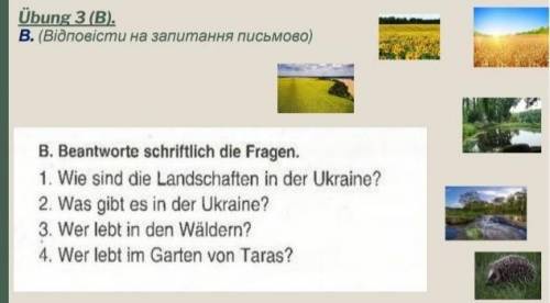 B. Beantworte schriftlich die Fragen. 1. Wie sind die Landschaften in der Ukraine?  2. Was gibt es i