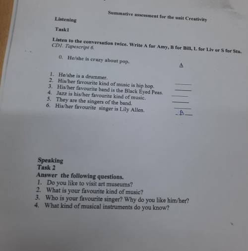 Listen to the conversation twice. Write A for Amy, B for Bill, L for Liv or S for Stu. CDI. Tapescri