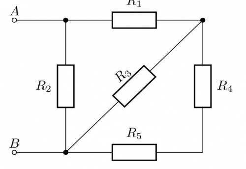 К участку AB (см. рисунок) приложено напряжение В U=6 В. Сопротивления резисторов равны R1=R4=R5=2om