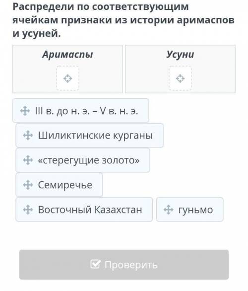 Распредели по соответствующим ячейкам признаки из истории аримаспов и усуней. Аримаспы Усуни