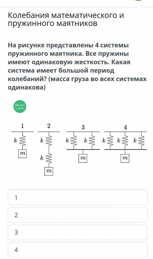 На рисунке представлены 4 системы пружинного маятника. Все пружины имеют одинаковую жесткость. Какая