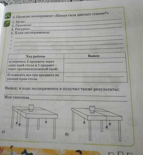 3. Проведи эксперимент «Какая сила двигает стакан?» 1. Цель: 2. Гипотеза: 3. Ресурсы: 4. План экспер