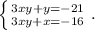 \left \{ {{3xy+y=-21} \atop {3xy+x=-16}} \right..