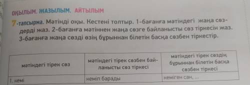 Малыңды оқы. Кестені толтыр. 1-бағанша астындағы жаңа сөздерді жаз. 2-бағанға мәтіннен жаңа сөзге ба