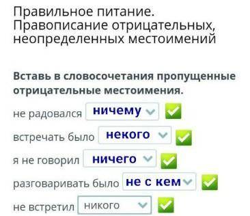 Вставь в словосочетания пропущенные отрицательные местоимения. не радовался встречать было я не гово