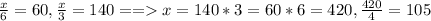 \frac{x}{6} = 60, \frac{x}{3} = 140 == x = 140*3 = 60*6 =420,\frac{420}{4} = 105