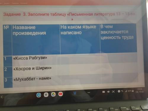 Задание 3. Заполните таблицу «Письменная литература 13-15 пer № Название произведения На каком языке