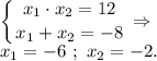 \displaystyle\left \{ {{x_1\cdot x_2=12} \atop {x_1+x_2=-8}} \right. \Rightarrow\\x_1=-6~;~x_2=-2.