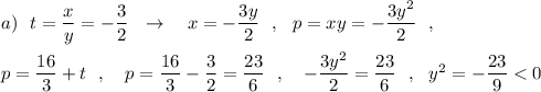 a)\ \ t=\dfrac{x}{y}=-\dfrac{3}{2}\ \ \to \ \ \ x=-\dfrac{3y}{2}\ \ ,\ \ p=xy=-\dfrac{3y^2}{2}\ \ ,p=\dfrac{16}{3}+t\ \ ,\ \ \ p=\dfrac{16}{3}-\dfrac{3}{2}=\dfrac{23}{6}\ \ ,\ \ \ -\dfrac{3y^2}{2}=\dfrac{23}{6}\ \ ,\ \ y^2=-\dfrac{23}{9}