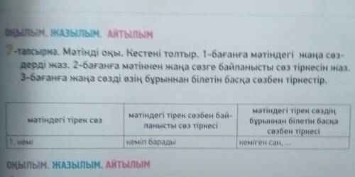 7-тапсырма. Мәтінді оқы. Кестені толтыр. 1-бағанға мәтіндегі жаңа сөз- дерді жаз. 2-бағанға мәтіннен