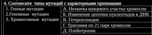 Соотнесите типы мутаций с характерными признаками