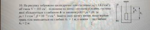 10. На рисунку зображено циліндричне тіло густиною pm=1,6 г/см і об'ємом V = 103 см підвішене на нит