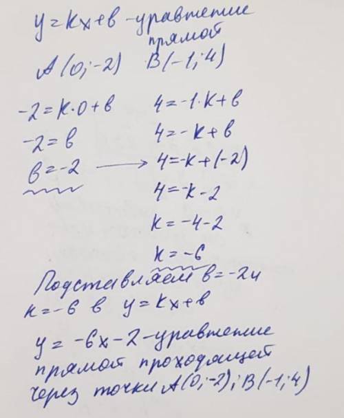 Запишите уравнения прямой проходящей через точки А( 0; -2) и В(-1;4)