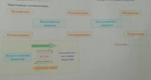 Проставьте соответствие. Нагревание Испарение Конденсация Выделяется энергия Поглощается энергия Пла