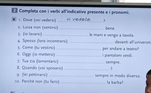 Completa con i verbi all'indicativo presente e i pronomi. a 1. Dove (voi vedersi) vi vedete 2. Luisa